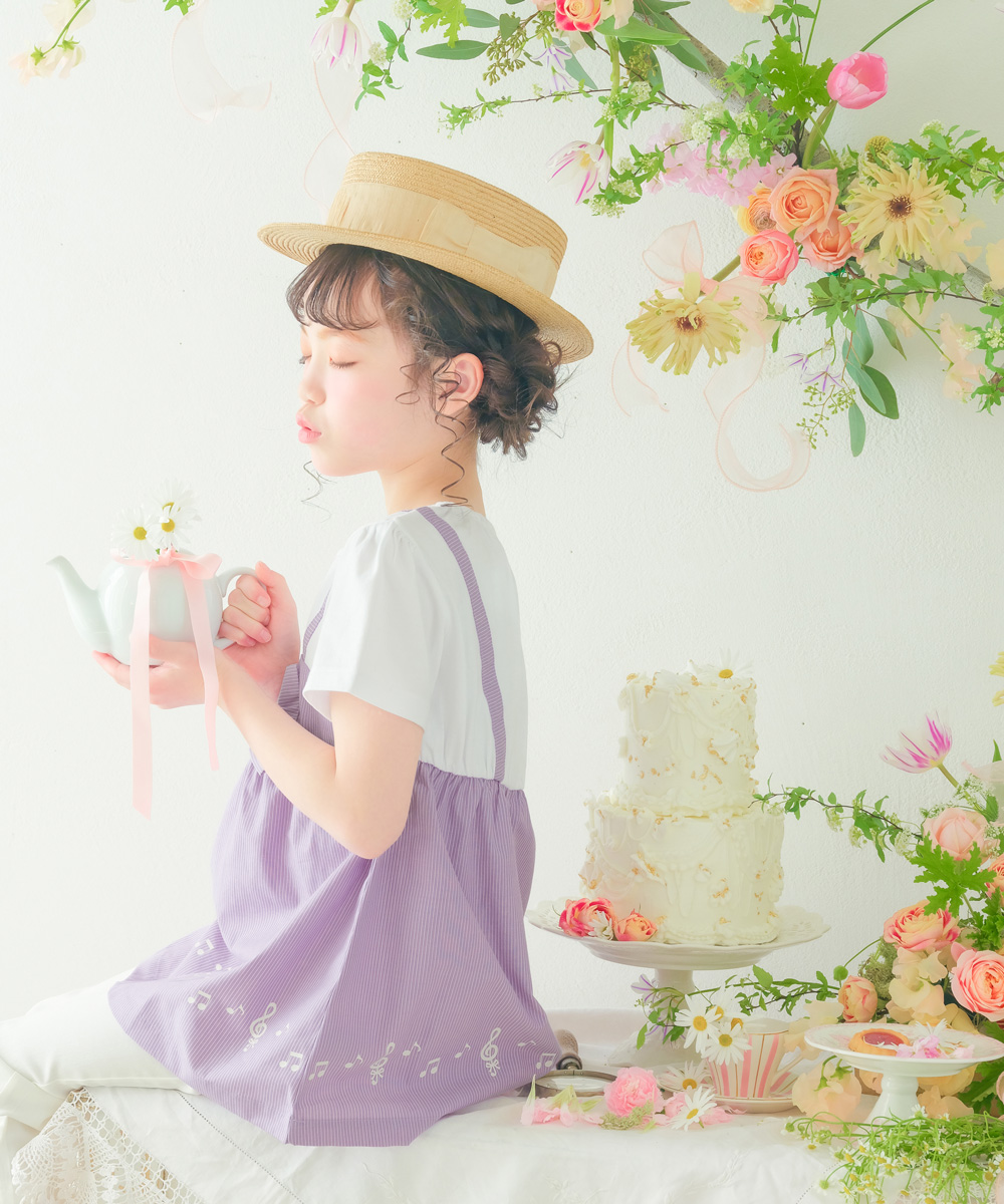 ベビー服 女の子 ストライプ柄リボン付き音符プリント重ね着風Aライン オフホワイト(11) モデル画像アップ