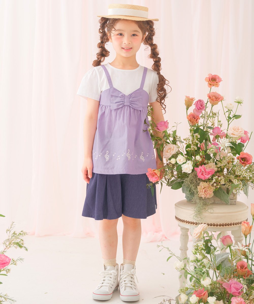 ベビー服 女の子 ストライプ柄リボン付き音符プリント重ね着風Aライン オフホワイト(11) モデル画像全身