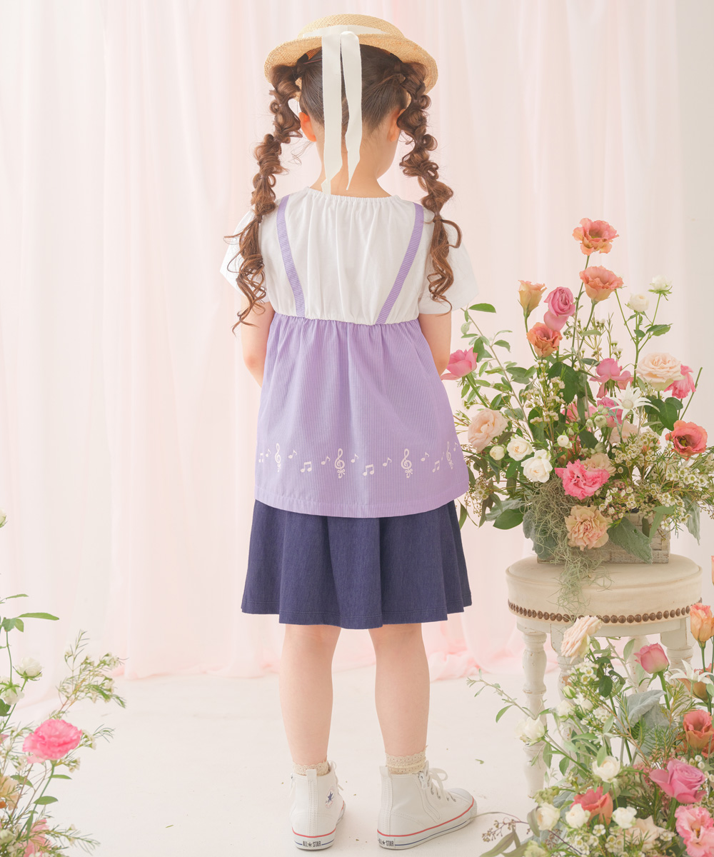 ベビー服 女の子 ストライプ柄リボン付き音符プリント重ね着風Aライン オフホワイト(11) モデル画像1