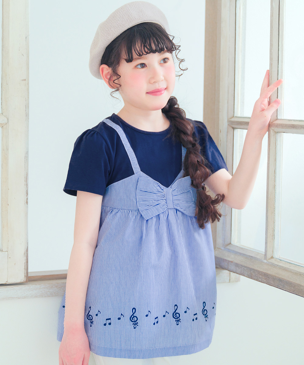 ベビー服 女の子 ストライプ柄重ね着風Tシャツ オフホワイト(11) モデル画像2