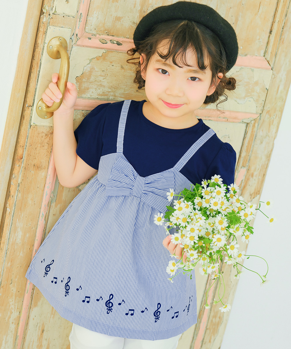 ベビー服 女の子 ストライプ柄リボン付き音符プリント重ね着風Aライン オフホワイト(11) モデル画像3