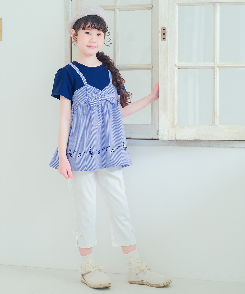 ベビー服 女の子 ストライプ柄リボン付き音符プリント重ね着風Aライン オフホワイト(11) モデル画像4