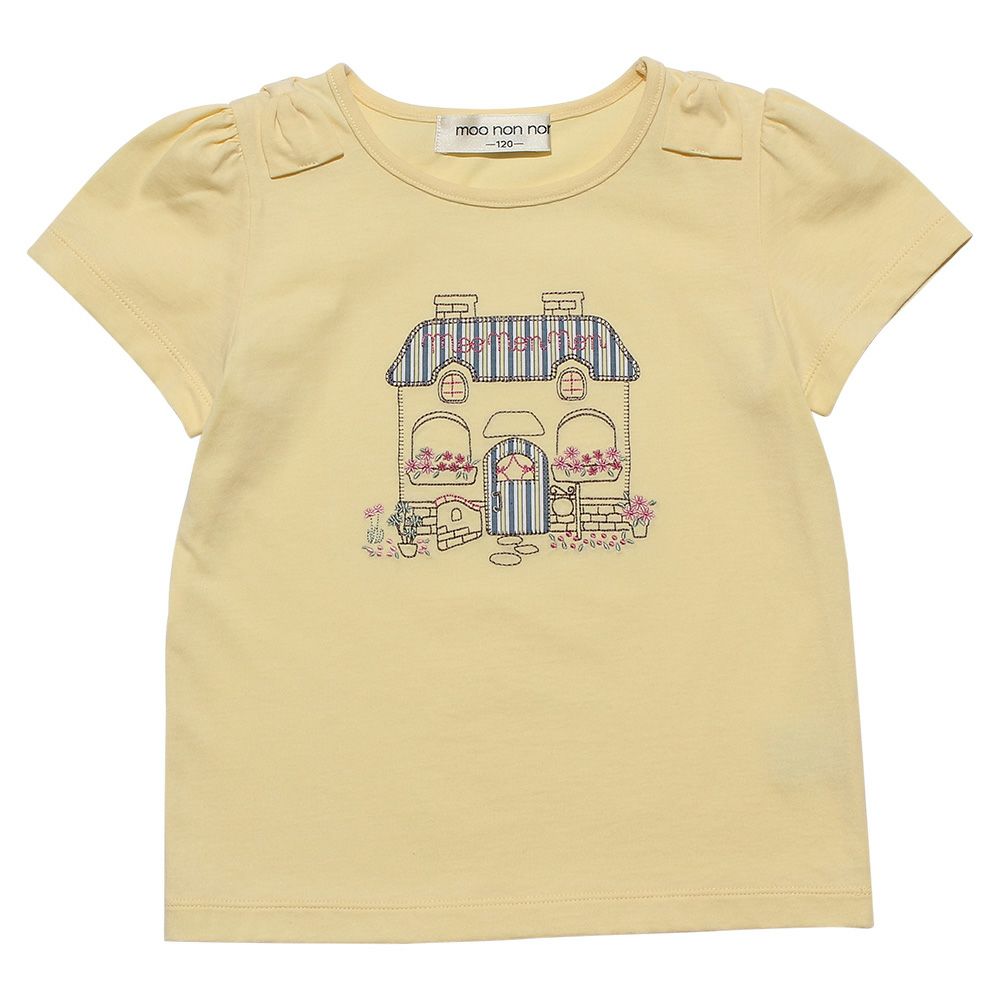 ベビー服 女の子 綿100％お花＆おうち刺繍Tシャツ イエロー(04) 正面