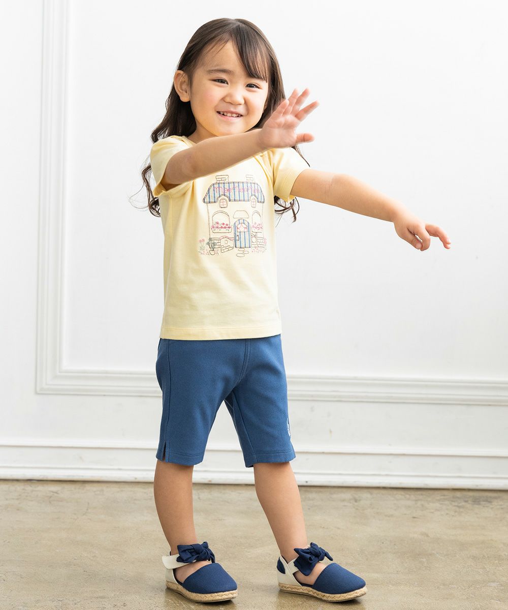 ベビー服 女の子 綿100％お花＆おうち刺繍Tシャツ イエロー(04) モデル画像1