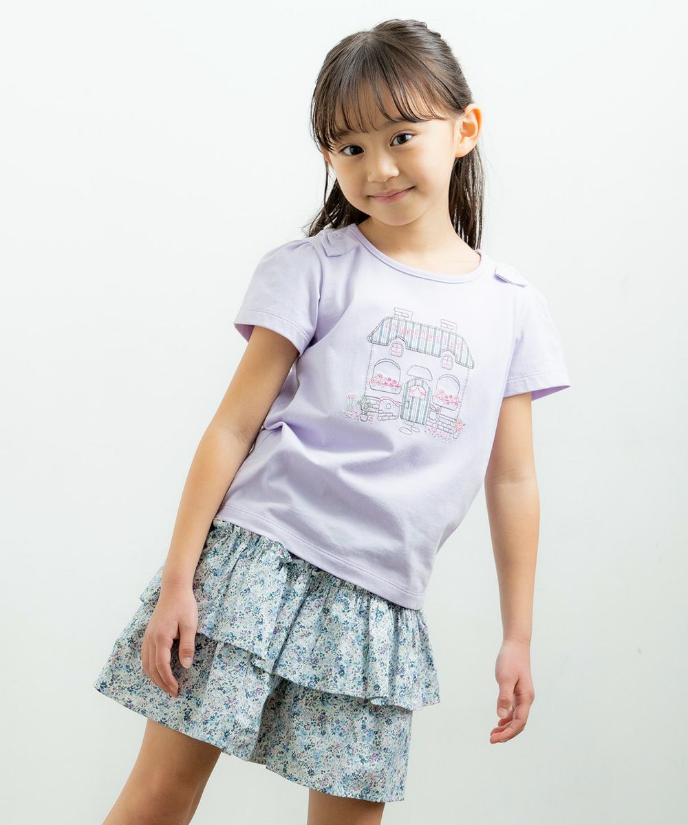 ベビー服 女の子 綿100％お花＆おうち刺繍Tシャツ パープル(91) モデル画像1