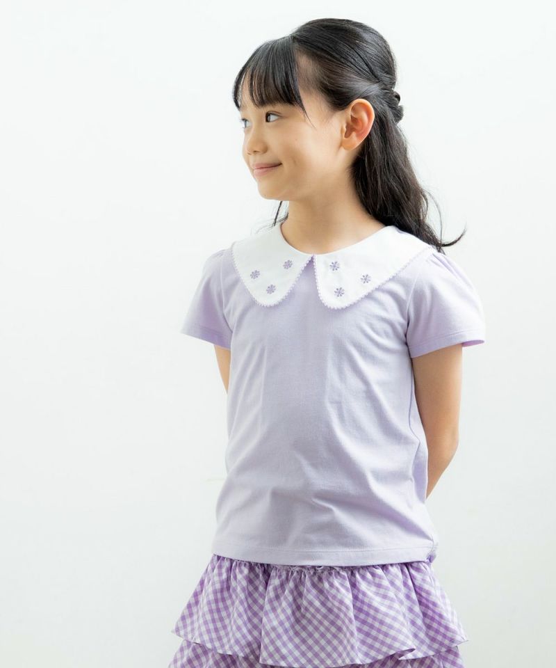 綿100％お花刺繍襟付きTシャツ