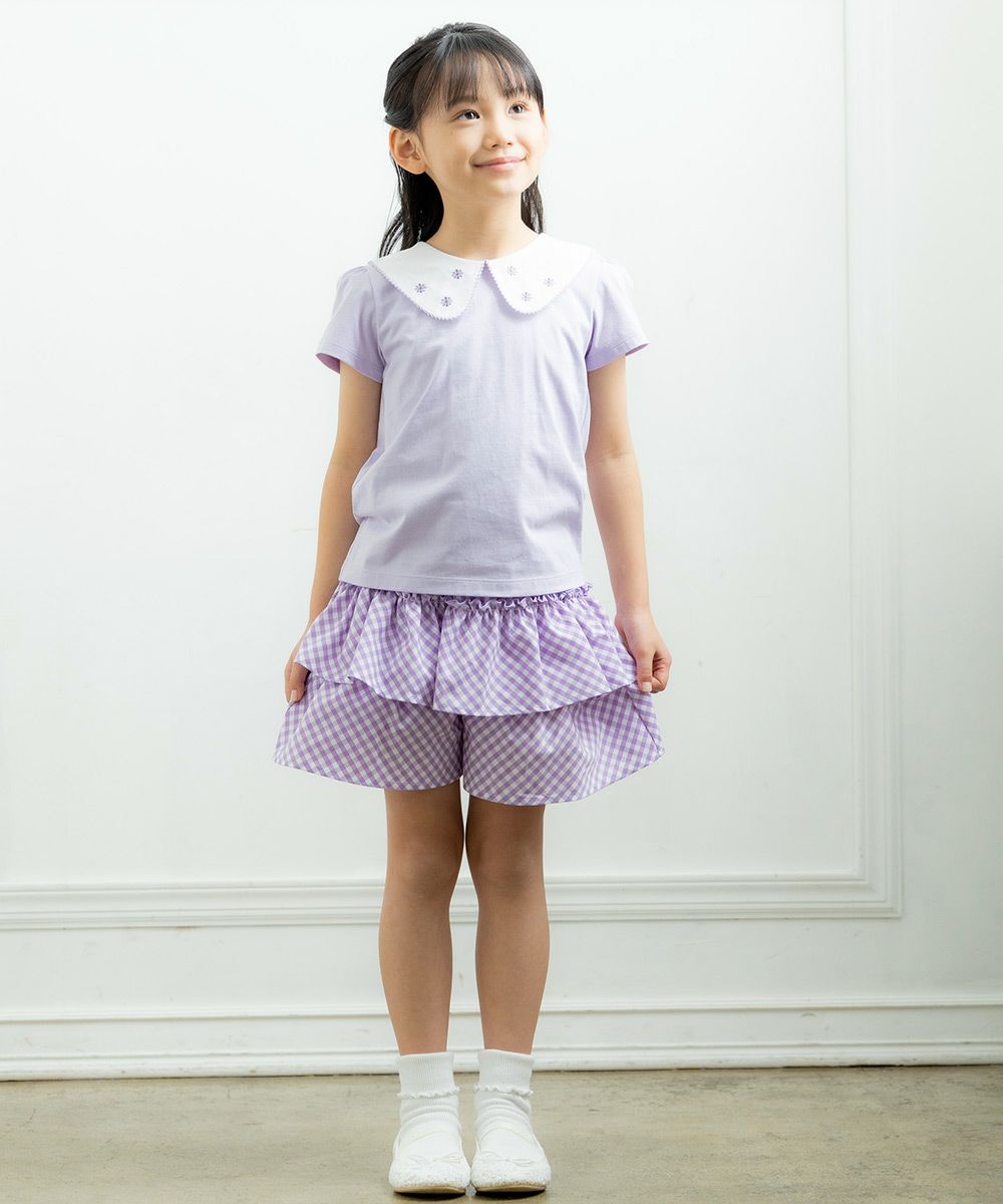 ベビー服 女の子 綿100％お花刺繍襟付きTシャツ パープル(91) モデル画像2