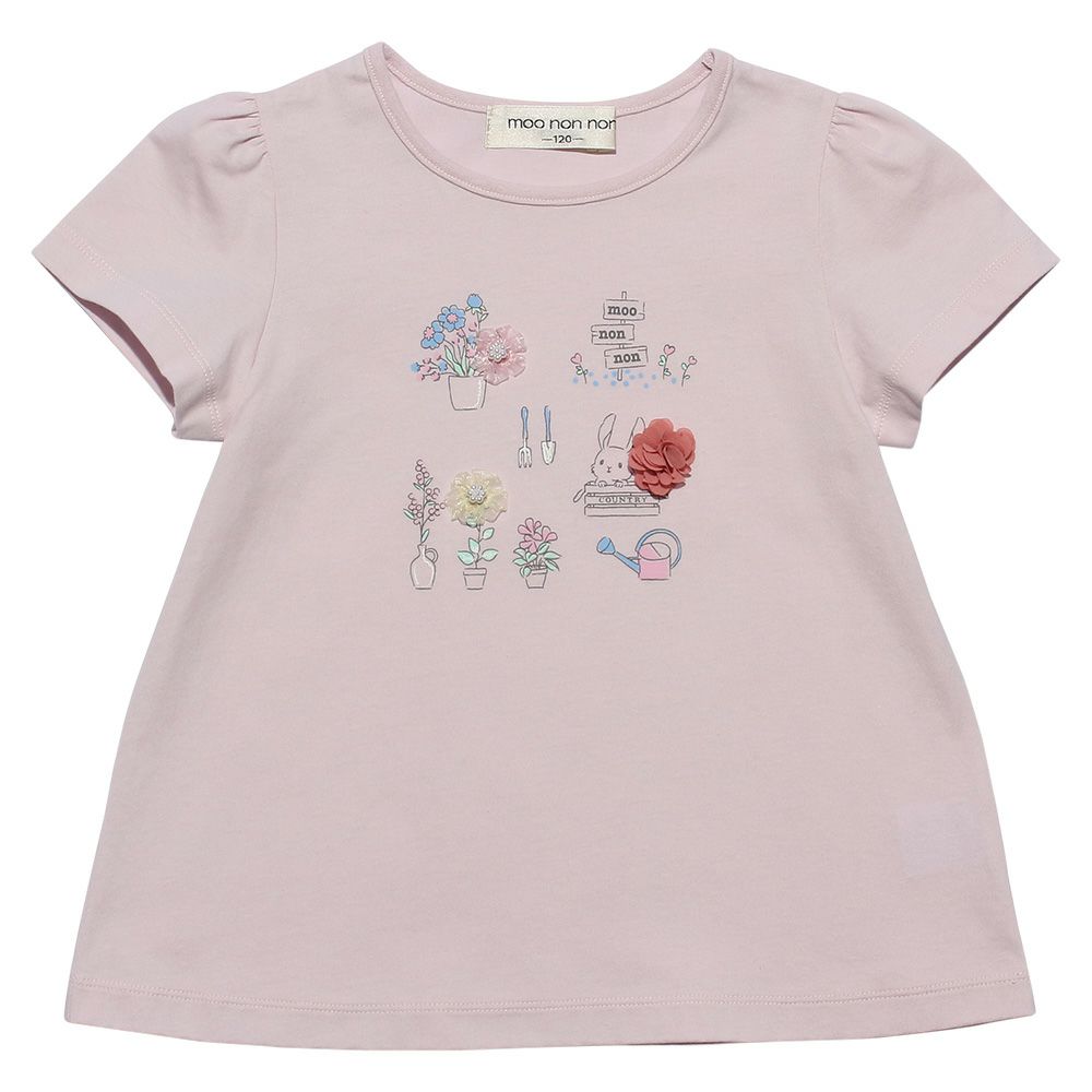 ベビー服 女の子 綿100％お花＆うさぎプリントTシャツ ピンク(02) 正面