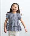 子供服 女の子 ギンガムチェック柄フリルつきTシャツ ネイビー(06) モデル画像1