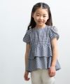 子供服 女の子 ギンガムチェック柄フリルつきTシャツ ネイビー(06) モデル画像2