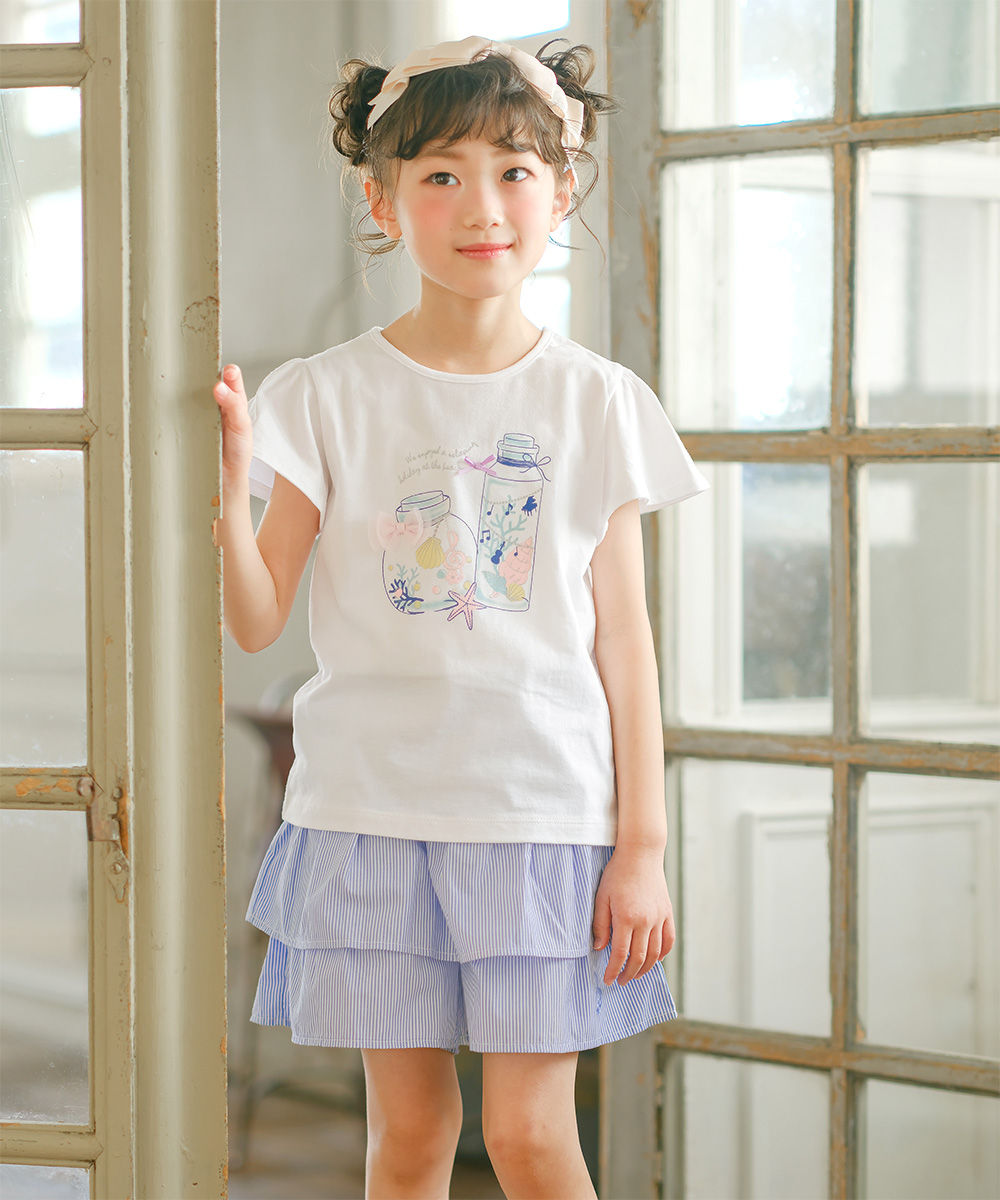 子供服 女の子 綿100％貝殻＆音符ガラス瓶プリントTシャツ ブルー(61) 正面