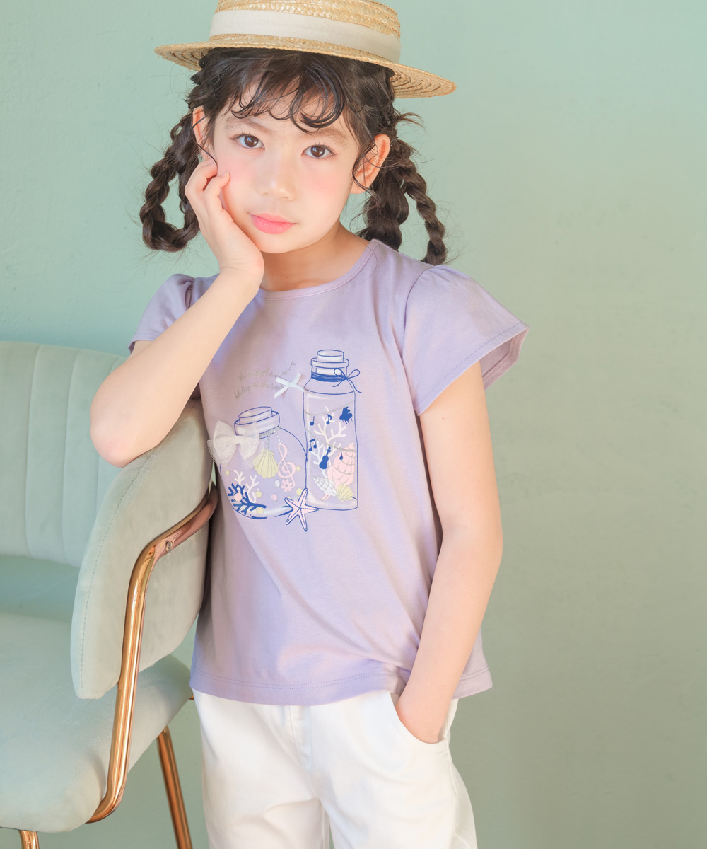 ベビー服 女の子 綿100％貝殻＆音符ガラス瓶プリントリボン付き　マリンテイスト ブルー(61) デザインポイント1