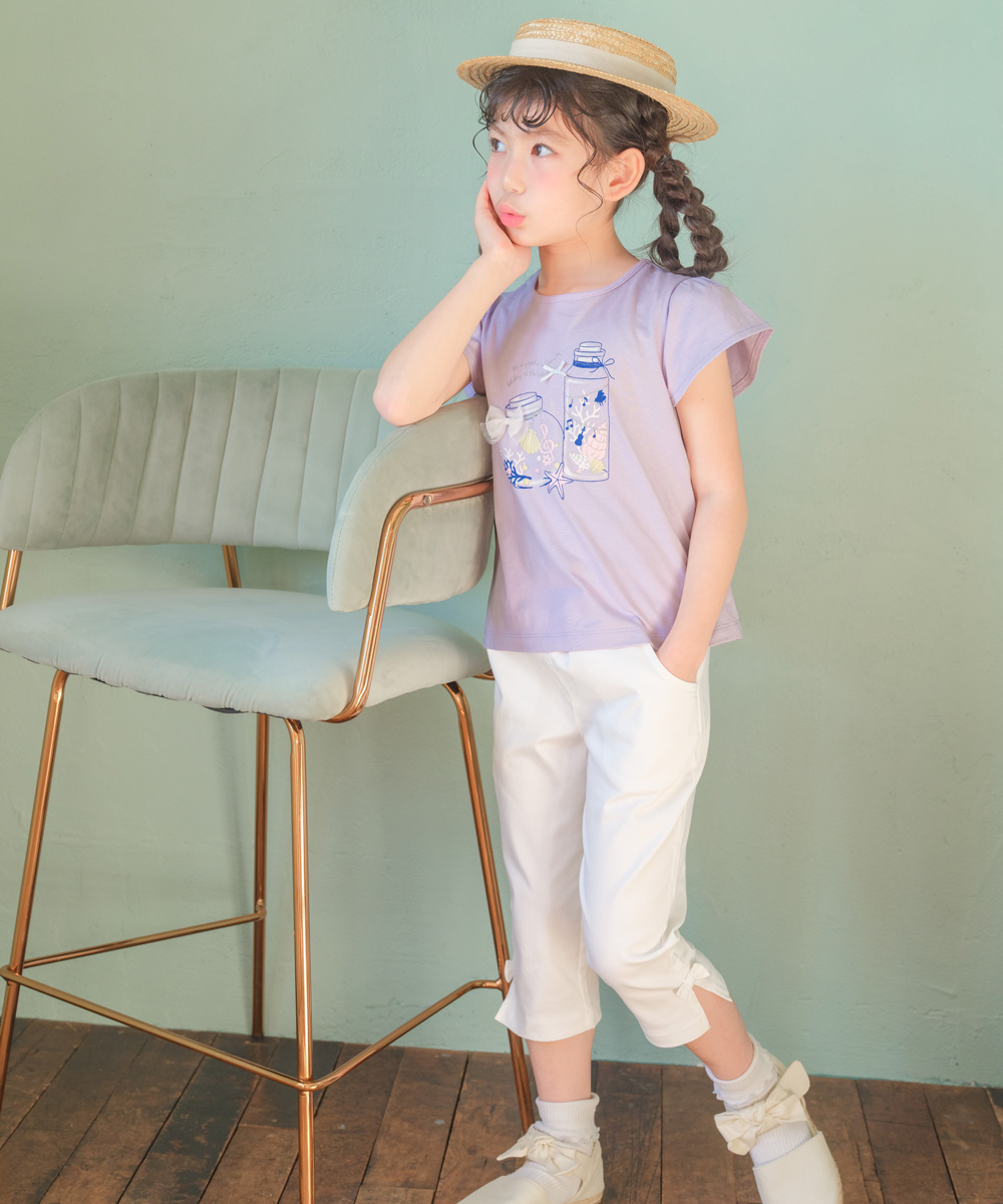 ベビー服 女の子 綿100％貝殻＆音符ガラス瓶プリントリボン付き　マリンテイスト ブルー(61) モデル画像アップ