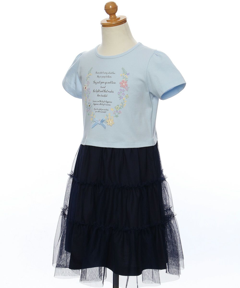 ベビー服 女の子 お花プリントチュールドッキングワンピース ブルー(61) トルソー斜め