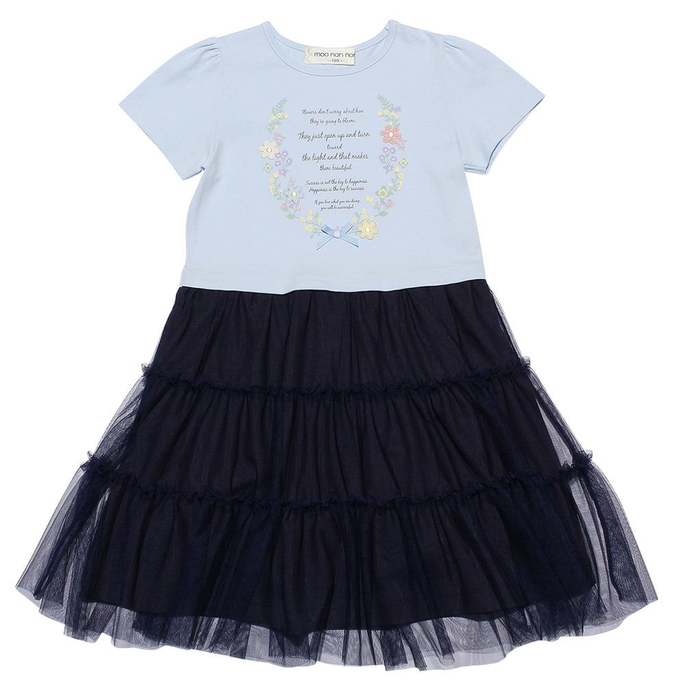 ベビー服 女の子 お花プリントチュールドッキングワンピース ブルー(61) 正面