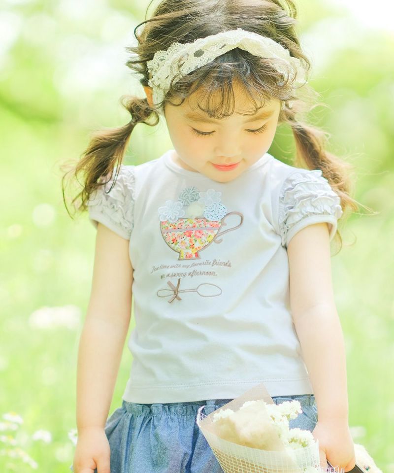 ベビー服 女の子 お花柄ティーカップ刺繍Tシャツ