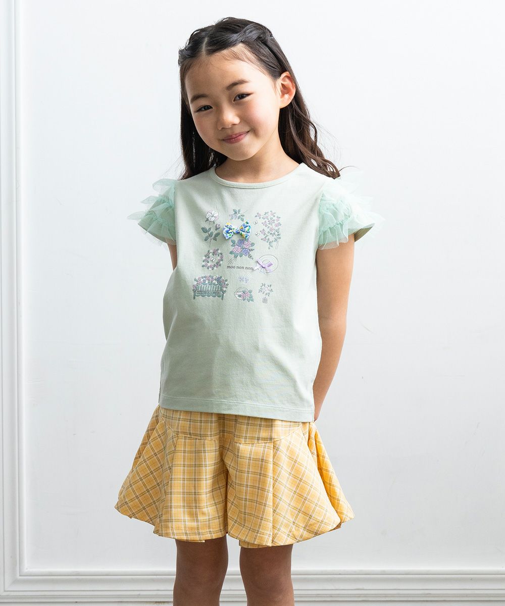 ベビー服 女の子 チェック柄プリーツ風キュロットパンツ イエロー(04) モデル画像1