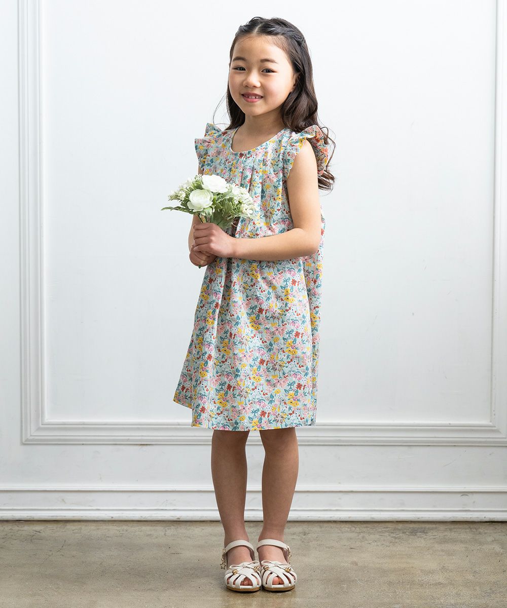 ベビー服 女の子 綿100％花柄ワンピース グリーン(08) モデル画像2