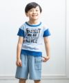 子供服 男の子 綿100％ストライプ柄ヒッコリーパンツ ブルー(61) モデル画像全身