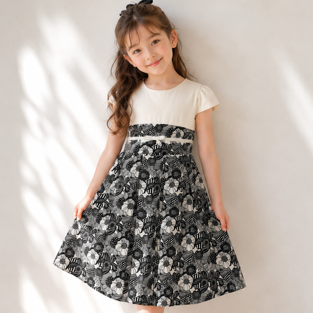 子供服 女の子 日本製リボンつき花柄タックワンピース