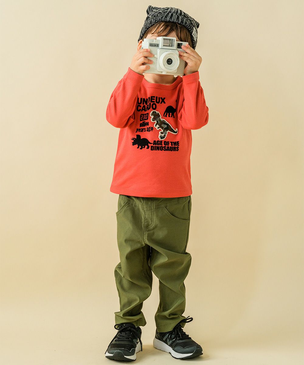 ベビー服 男の子 綿１００％恐竜フロッキープリントTシャツ オレンジ(07) モデル画像1