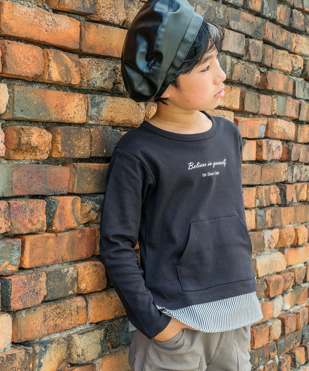 子供服 男の子 Tシャツ　レイヤード風　ポケット　文字入り　バックプリント　本体綿１００％ ブラック(00) モデル画像2