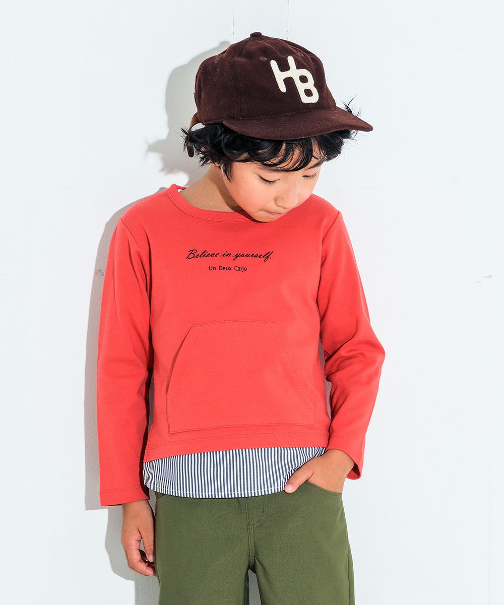 子供服 男の子 Tシャツ　レイヤード風　ポケット　文字入り　バックプリント　本体綿１００％ オレンジ(07) モデル画像アップ