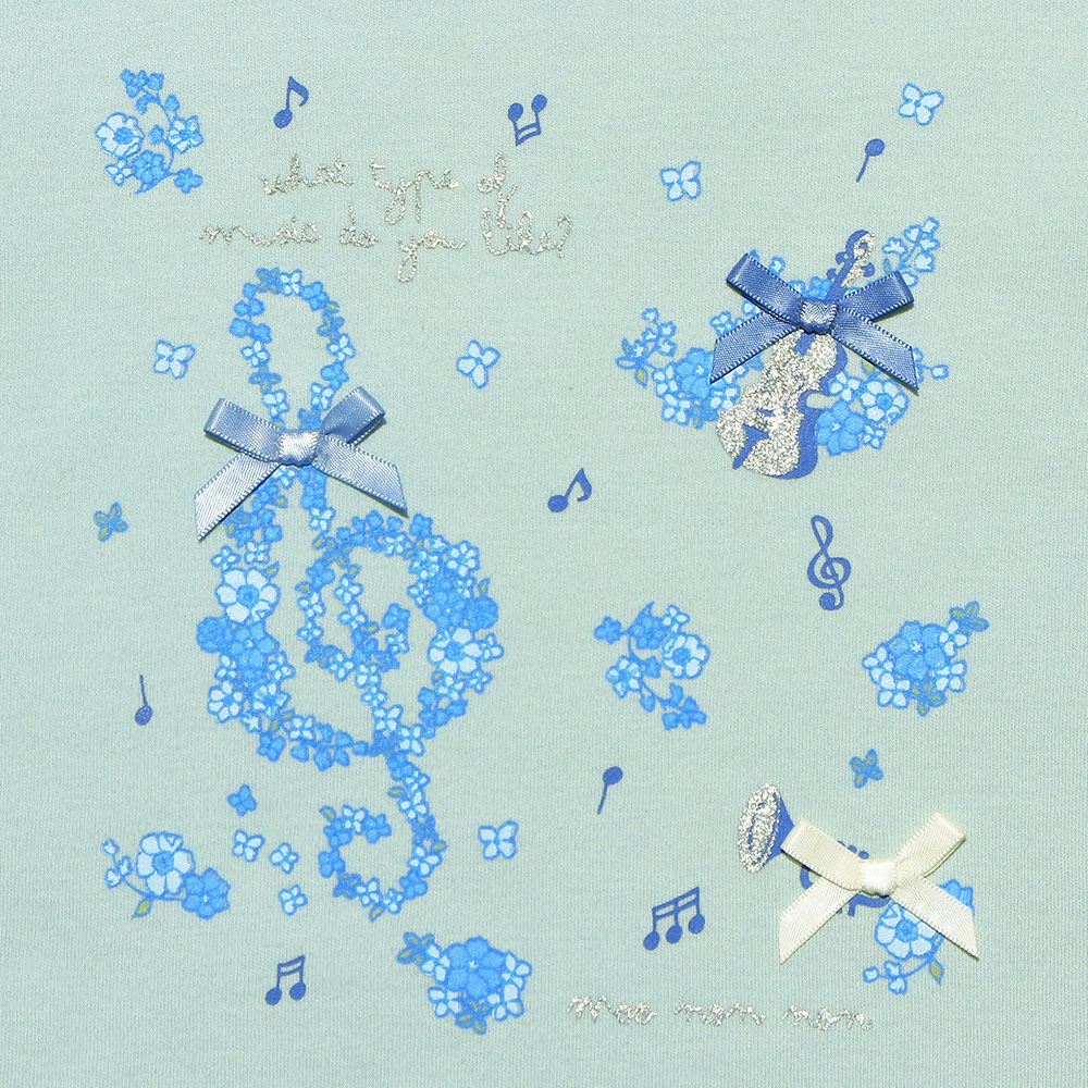 子供服 女の子 綿100％音符楽器お花プリントリボンつきTシャツ グリーン(08) デザインポイント1