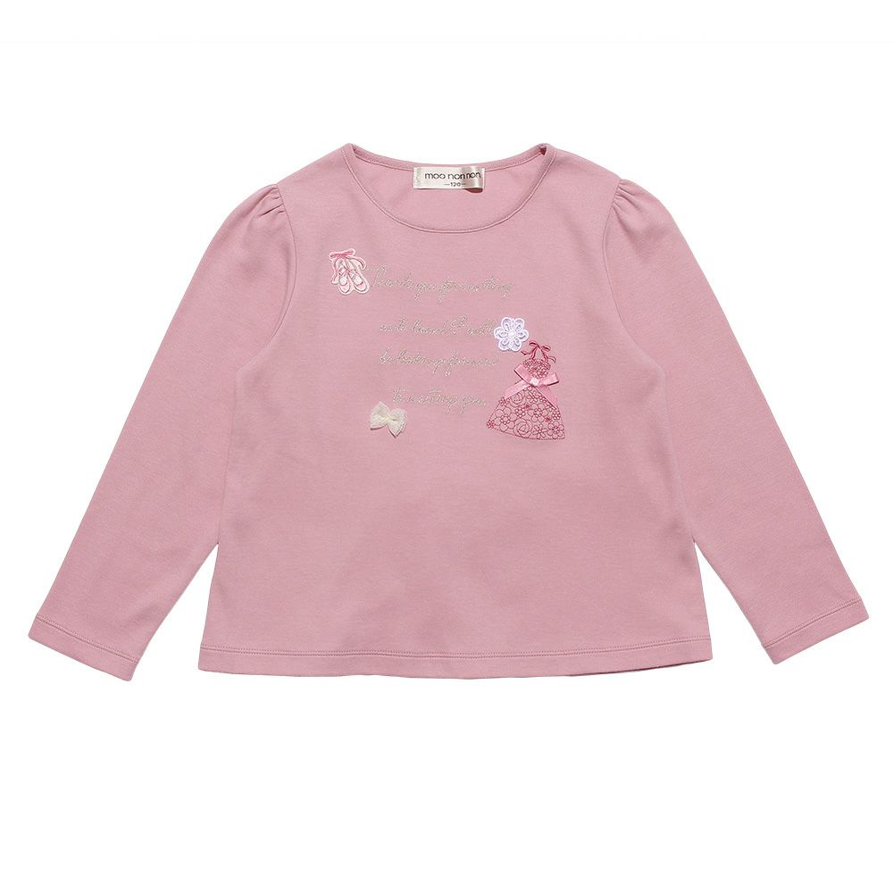 ベビー服 女の子 綿100％ドレスロゴ刺繍バレエシューズリボンTシャツ ピンク(02) 正面