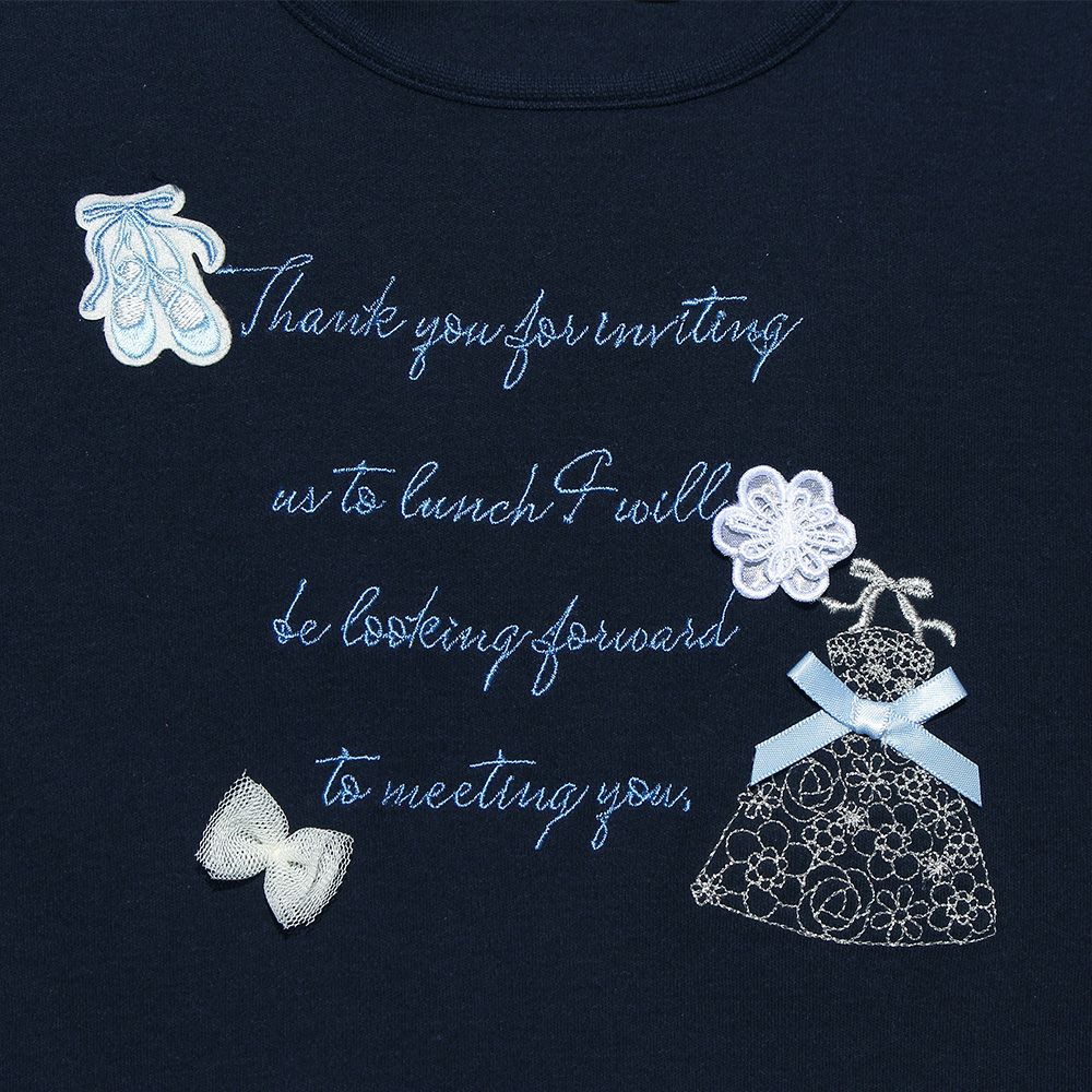 ベビー服 女の子 綿100％ドレスロゴ刺繍バレエシューズリボンTシャツ ネイビー(06) デザインポイント1