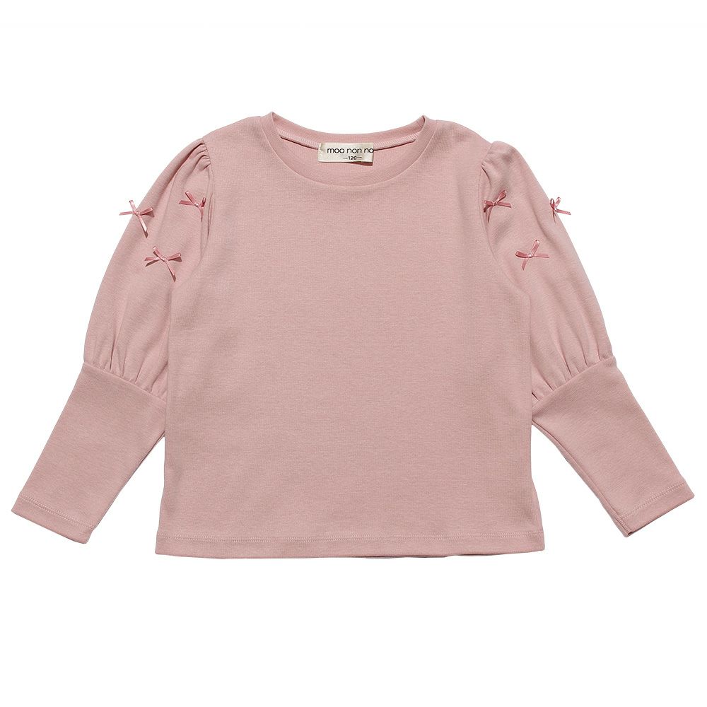 子供服 女の子 リボンつきボリューム袖無地Tシャツ ピンク(02) 正面