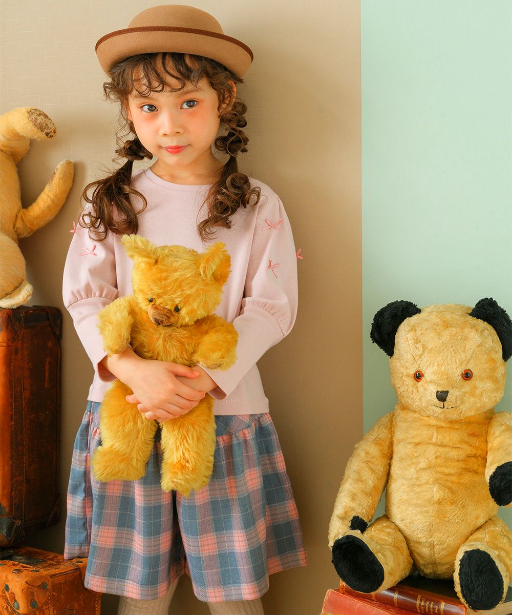子供服 女の子 リボンつきボリューム袖無地Tシャツ ピンク(02) モデル画像3