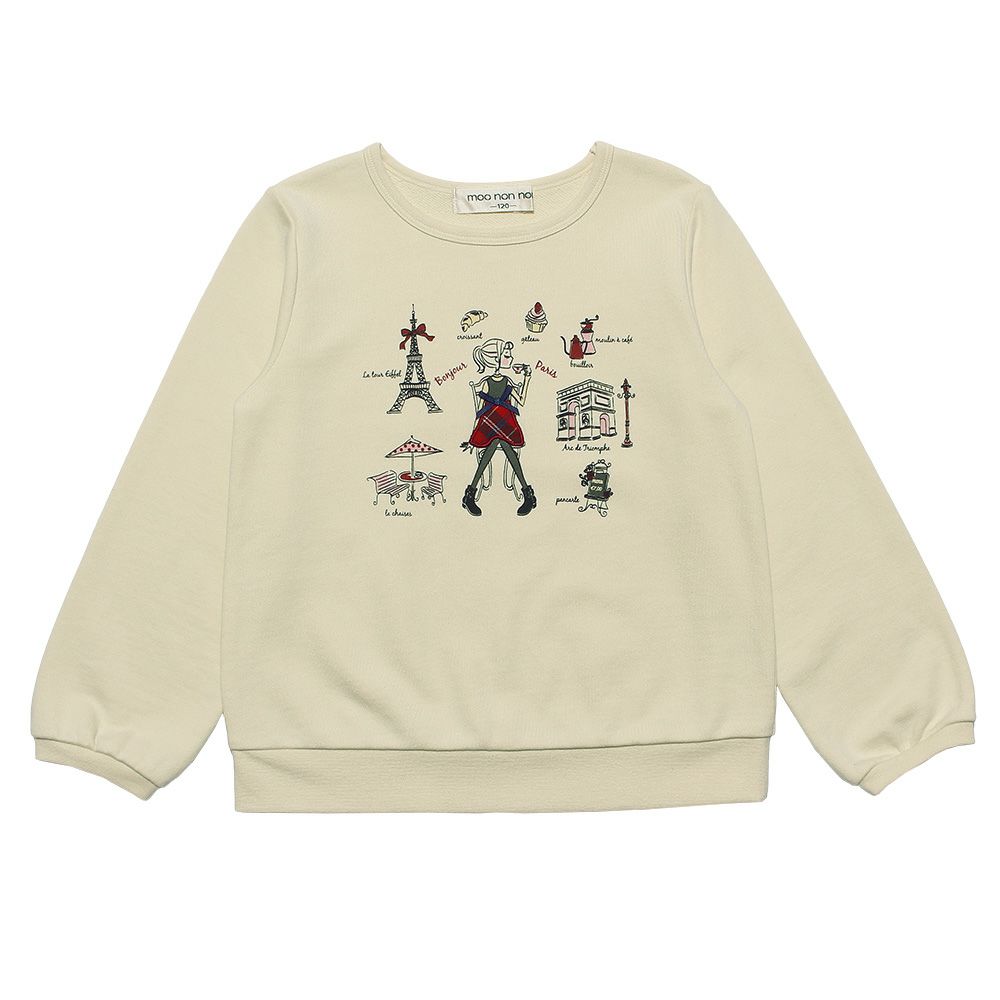 ベビー服 女の子 女の子プリントエッフェル塔パリ街並みリボンつき裏毛トレーナー アイボリー(12) 正面