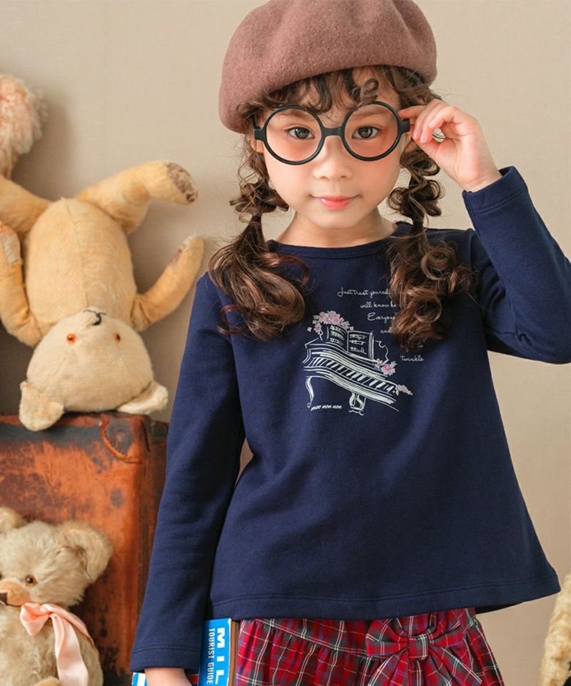 綿100％お花プリントリボンモチーフ付きTシャツ