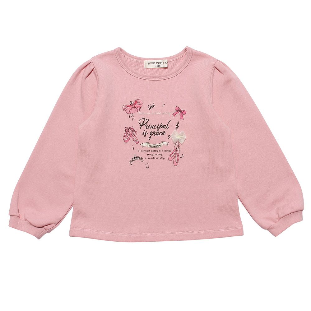 ベビー服 女の子 手描き風イラストプリントバレエシューズリボン裏毛トレーナー ピンク(02) 正面