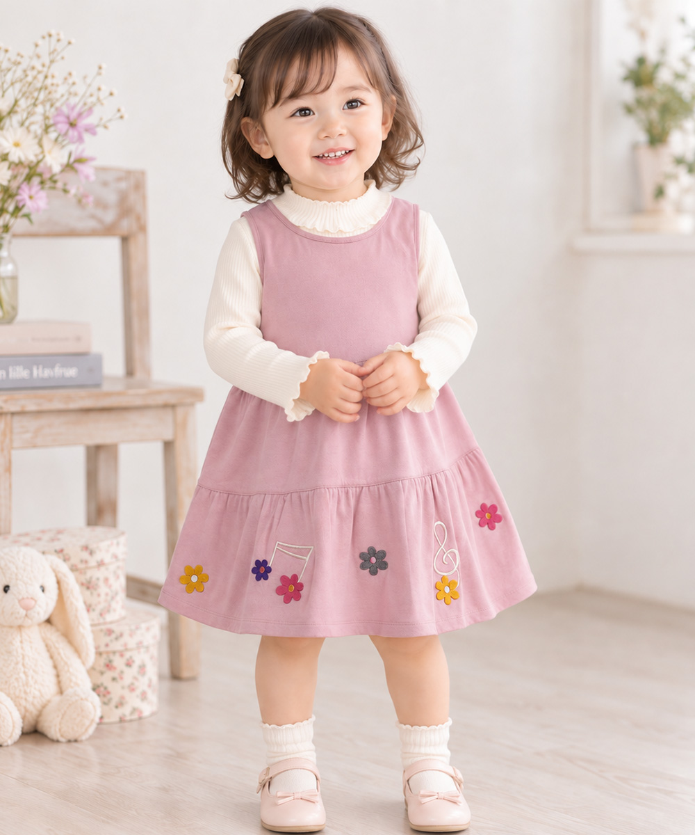 ベビー服 女の子 花アップリケ音符刺繍Aラインワンピース ピンク(02) モデル画像全身