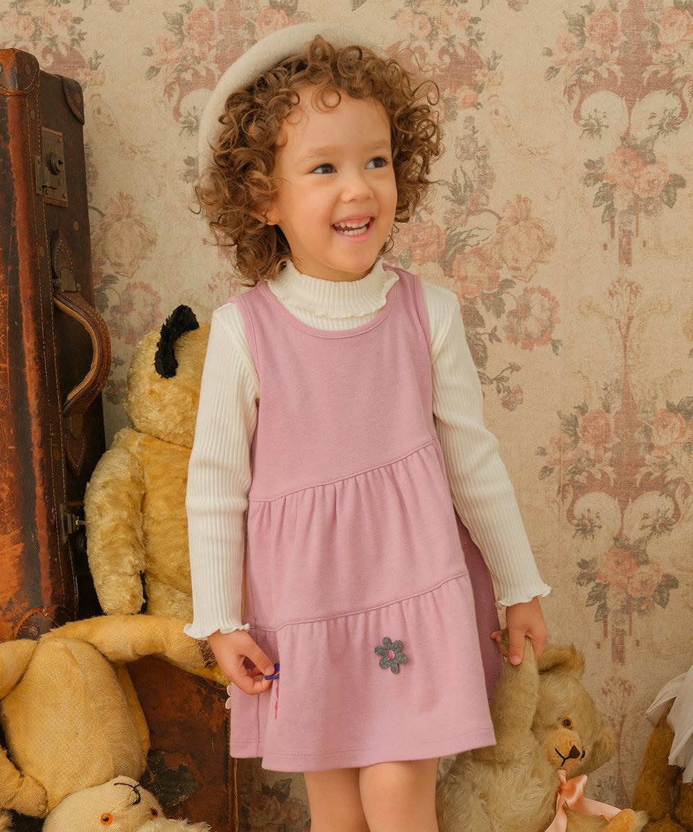 ベビー服 女の子 花アップリケ音符刺繍Aラインワンピース ピンク(02) モデル画像1