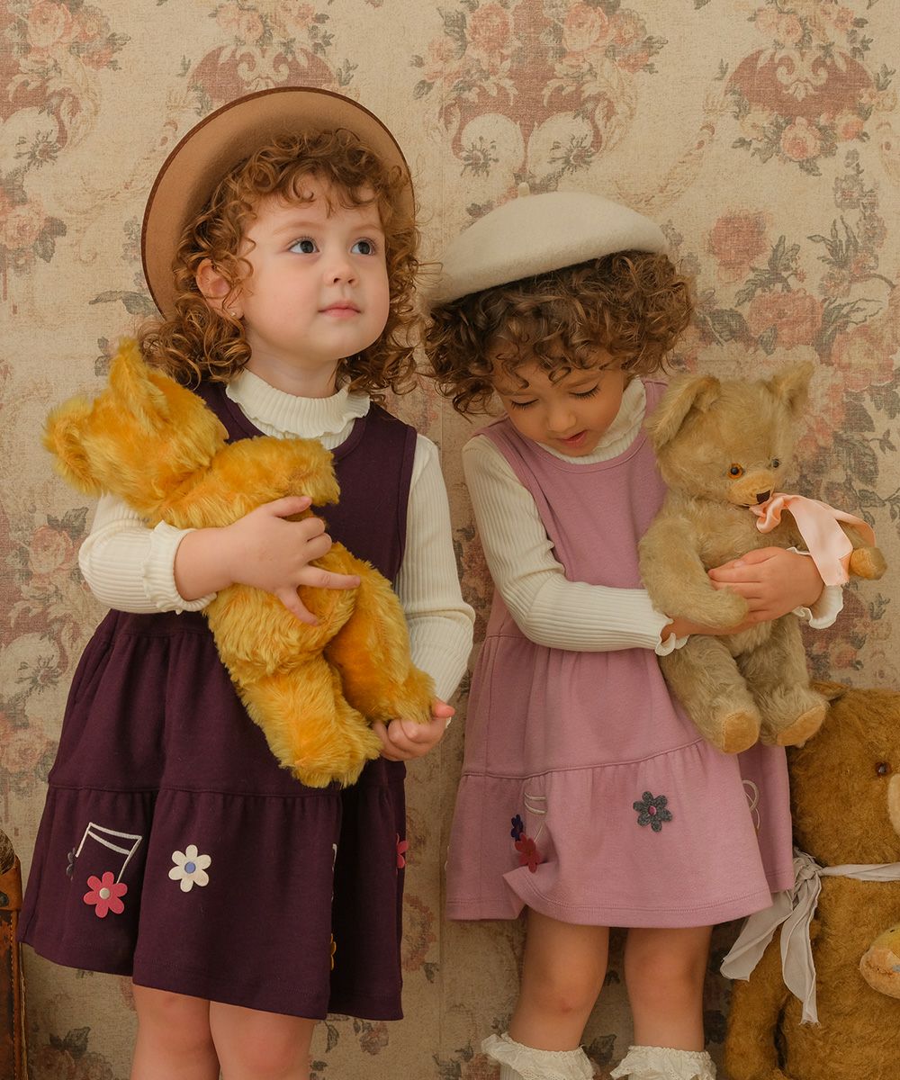 ベビー服 女の子 花アップリケ音符刺繍Aラインワンピース パープル(91) モデル画像2