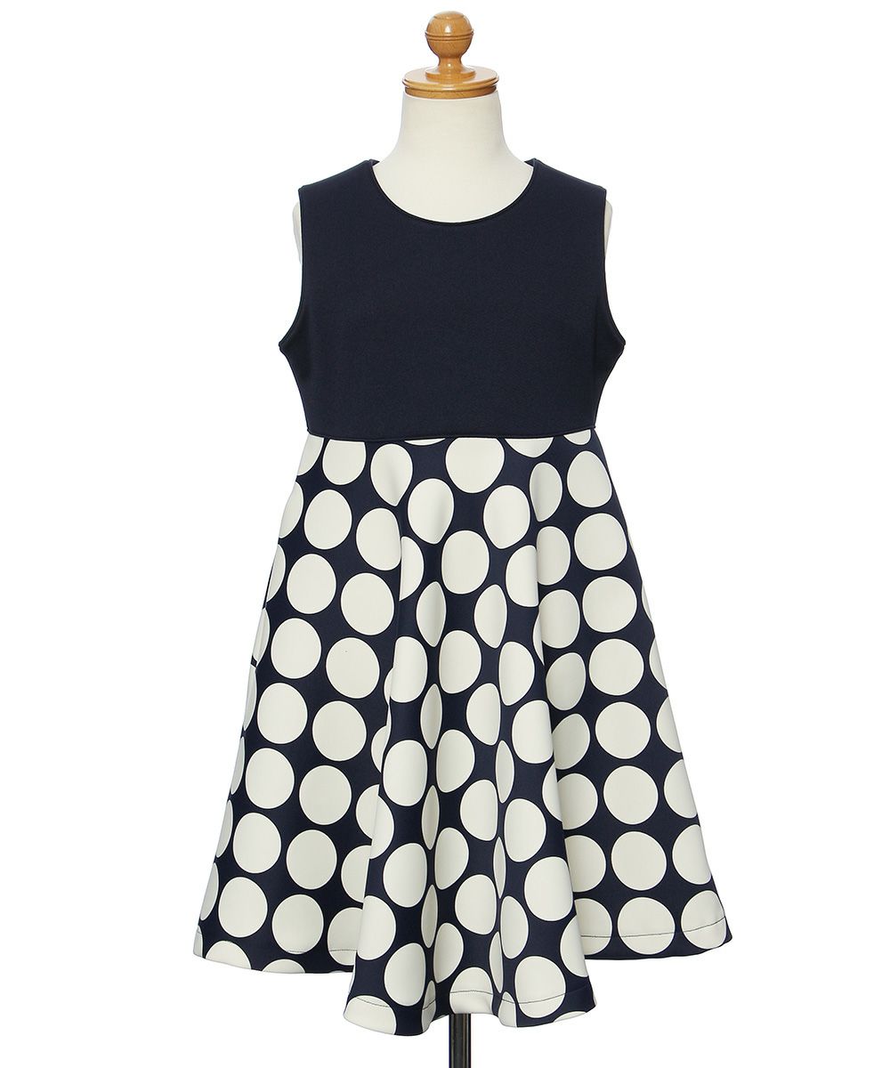 子供服 女の子 日本製水玉ドット柄フレアーワンピース ネイビー(06) トルソー正面