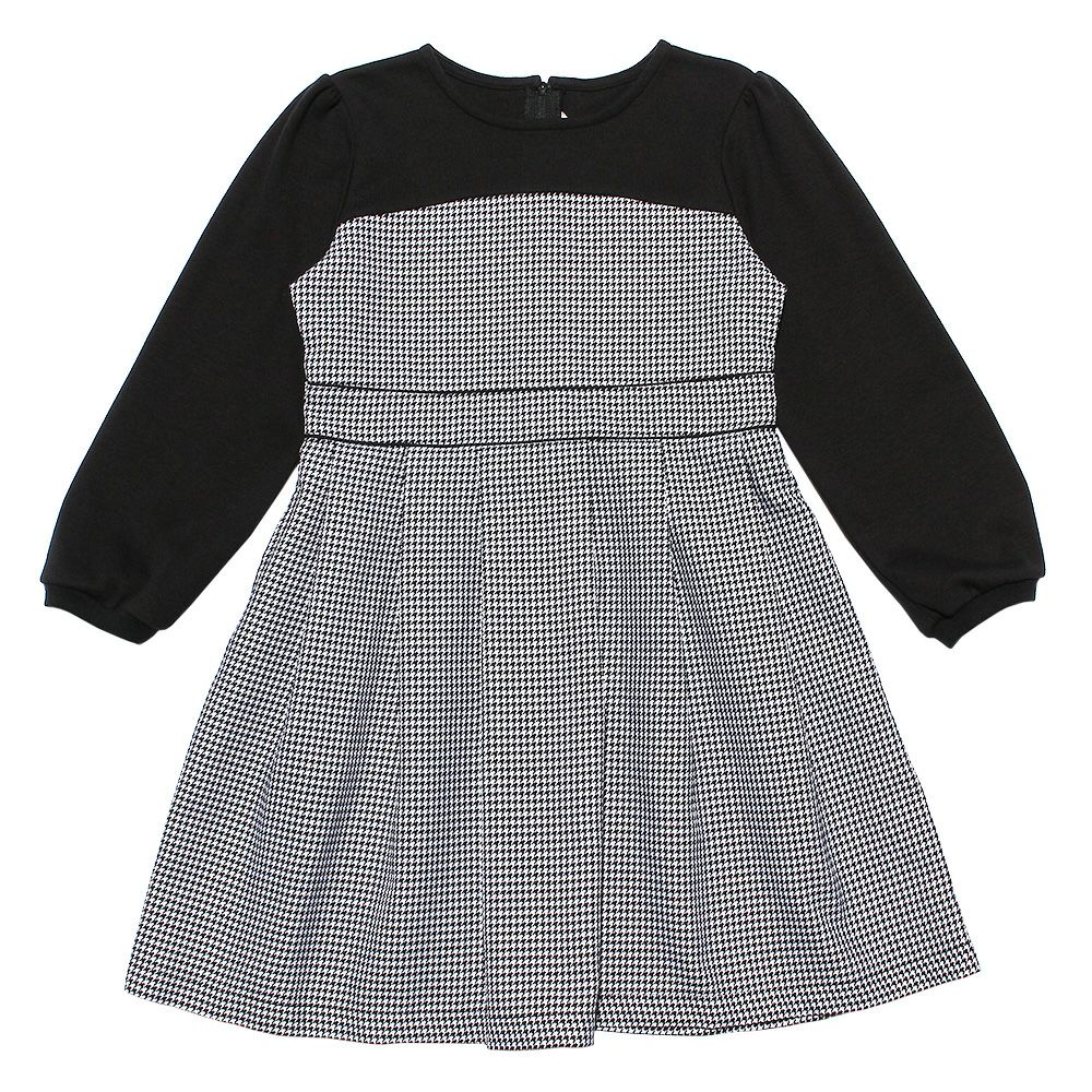 子供服 女の子 千鳥柄ギャザードッキングワンピース ホワイト×ブラック(10) 正面