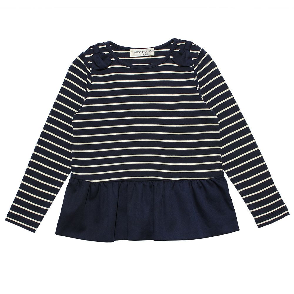 子供服 女の子 ボーダー柄リボンつきフリルTシャツ ネイビー(06) 正面