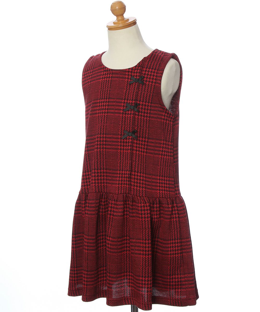 ベビー服 女の子 チェック柄　リボンつき　ギャザー　ワンピース レッド(03) トルソー斜め