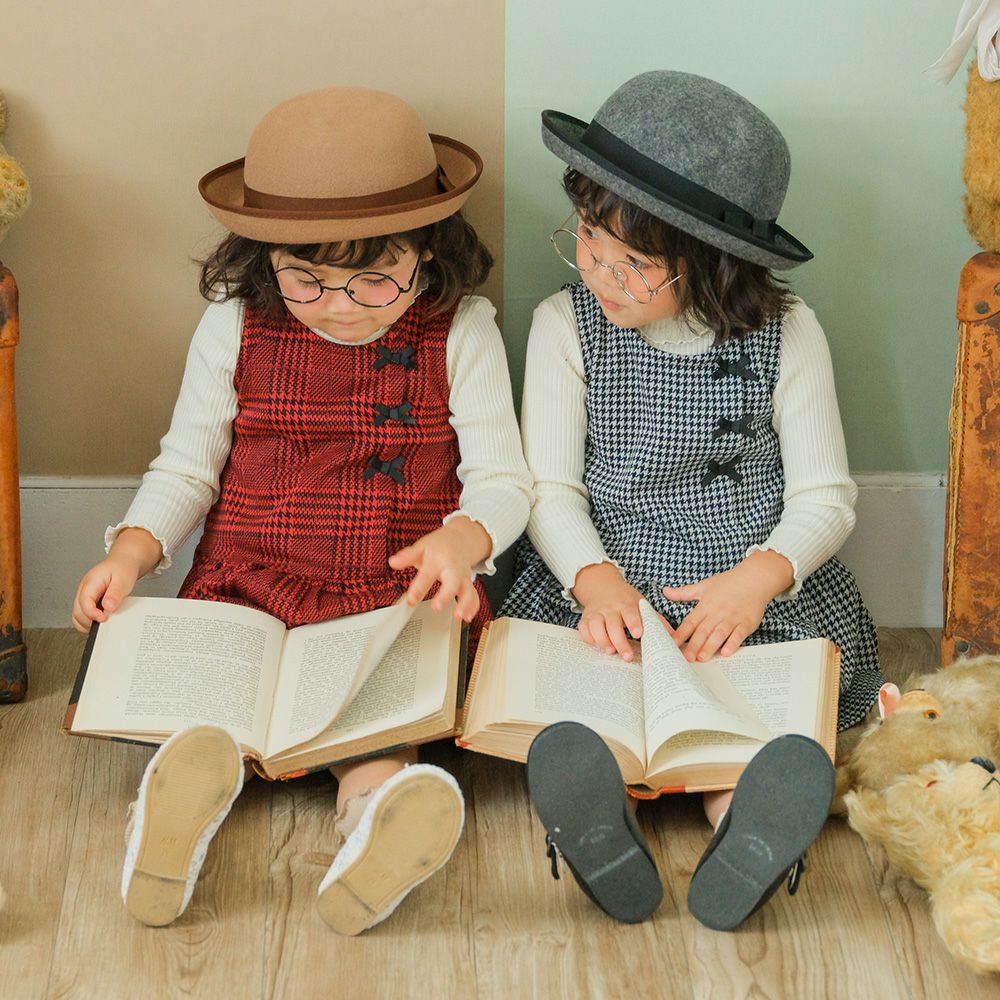 ベビー服 女の子 チェック柄　リボンつき　ギャザー　ワンピース レッド(03) モデル画像2