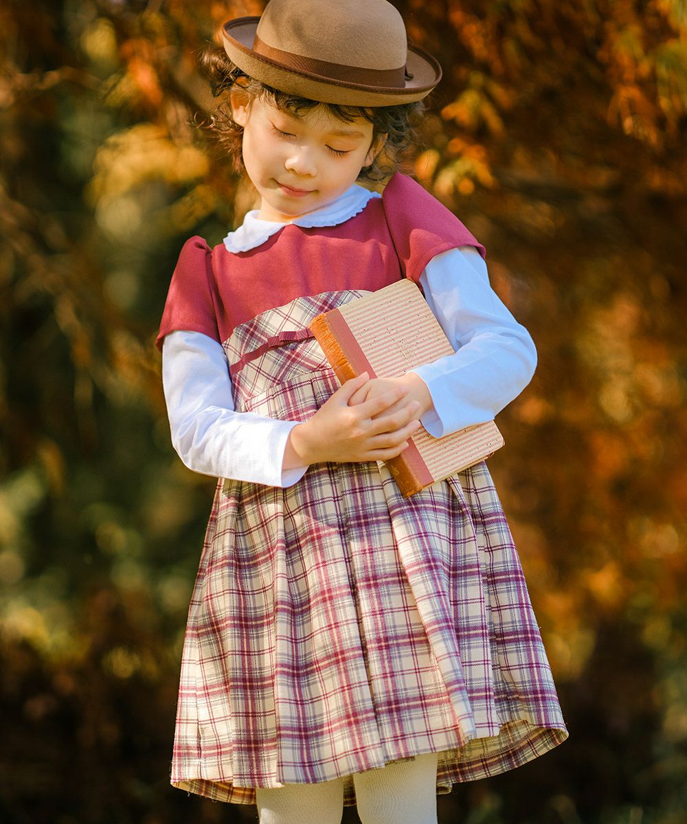 子供服 女の子 日本製　りぼん付き　タータンチェック　ワンピース レッド(03) モデル画像2