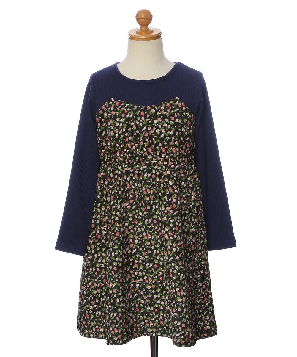 ベビー服 女の子 ビスチェ風　小花柄　ポケット　ドッキングワンピース ネイビー(06) トルソー正面