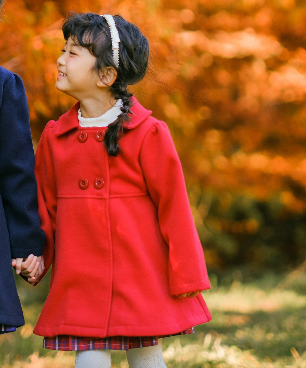 ベビー服 女の子 両脇ポケット Aライン ダブルボタン レトロ コート レッド(03) モデル画像