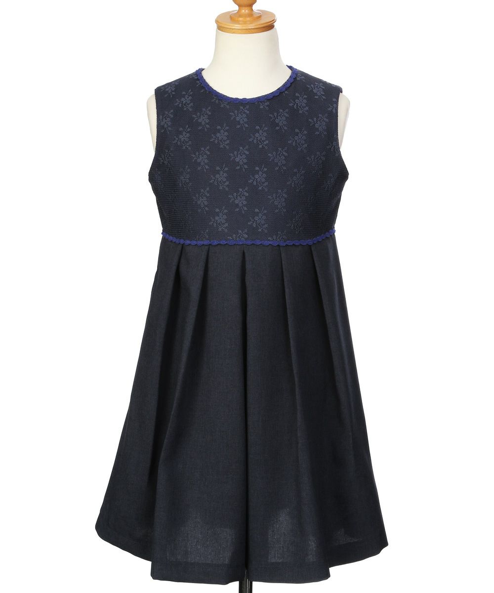 子供服 女の子 発表会 結婚式 花柄 レース タックワンピース ネイビー(06) トルソー正面