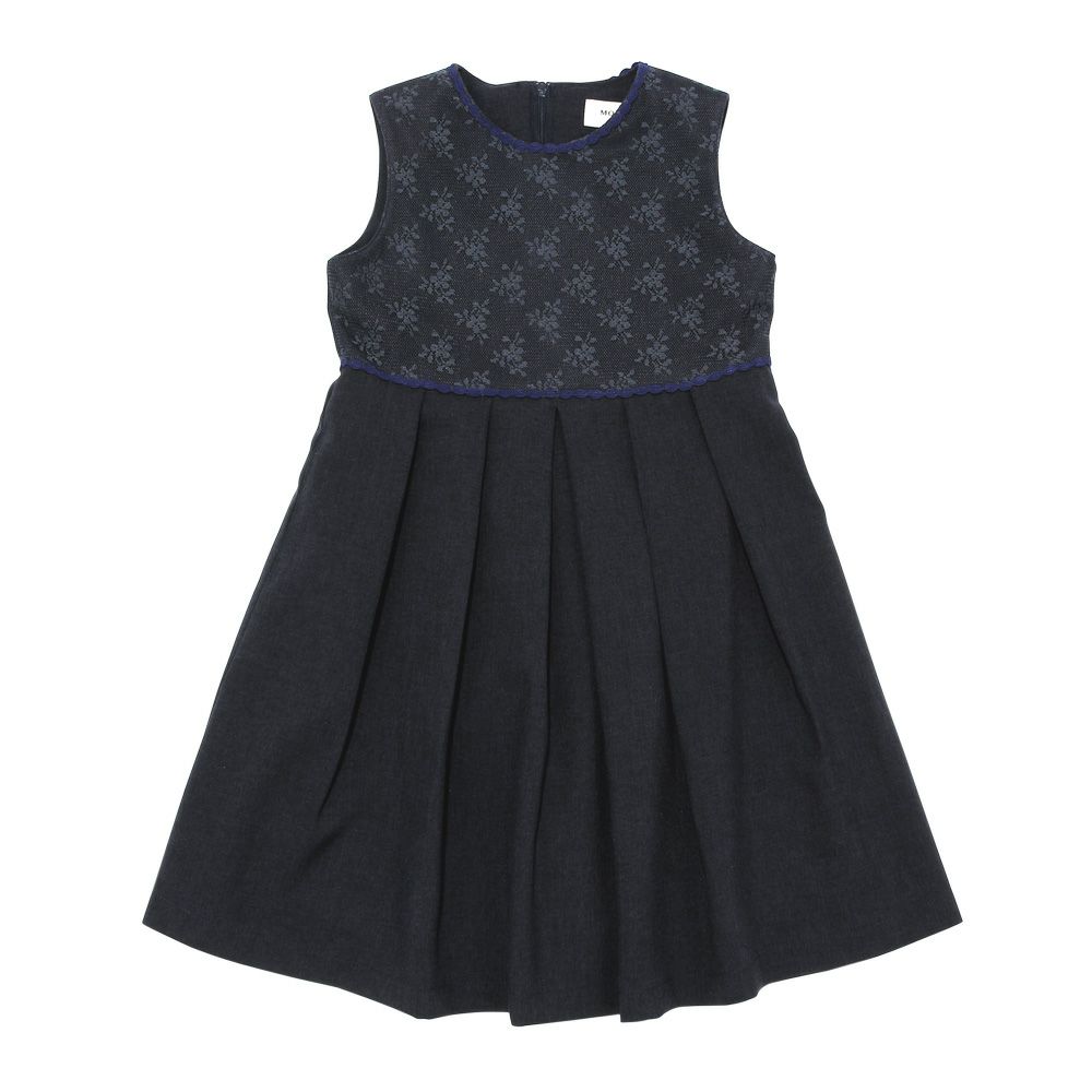 子供服 女の子 発表会 結婚式 花柄 レース タックワンピース ネイビー(06) 正面