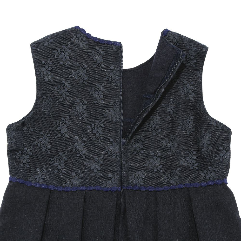 子供服 女の子 発表会 結婚式 花柄 レース タックワンピース ネイビー(06) デザインポイント1