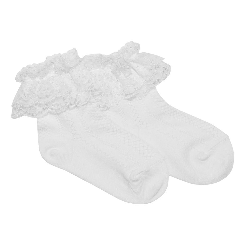 子供服 女の子 靴下 キッズ　子ども ショート丈　 レース フリル 白 ホワイト(01) 正面